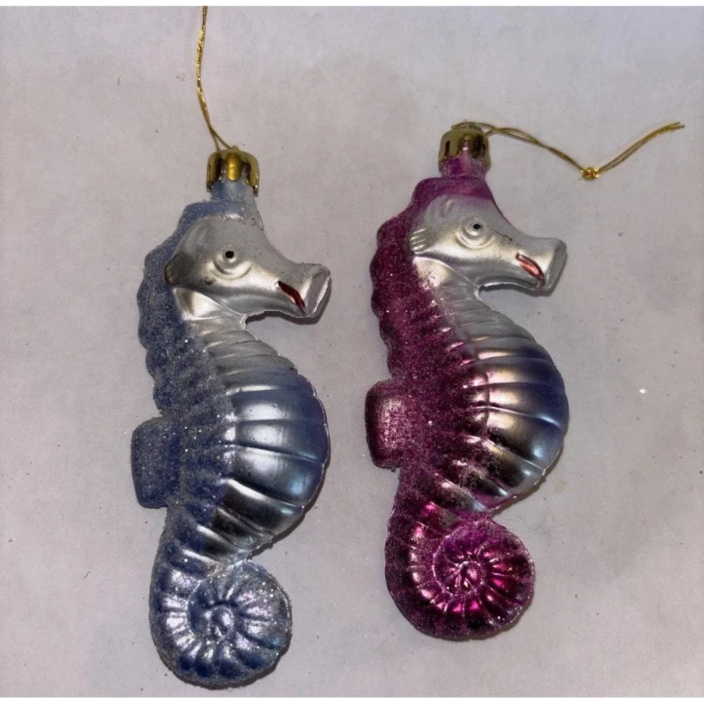 2 Seahorse Purple & Blue Plastic Christmas Tree Ornaments Vintage Blow Mold 4.5